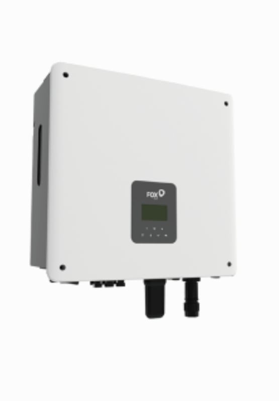 White solar inverter with digital display panel and two black connectors at the bottom