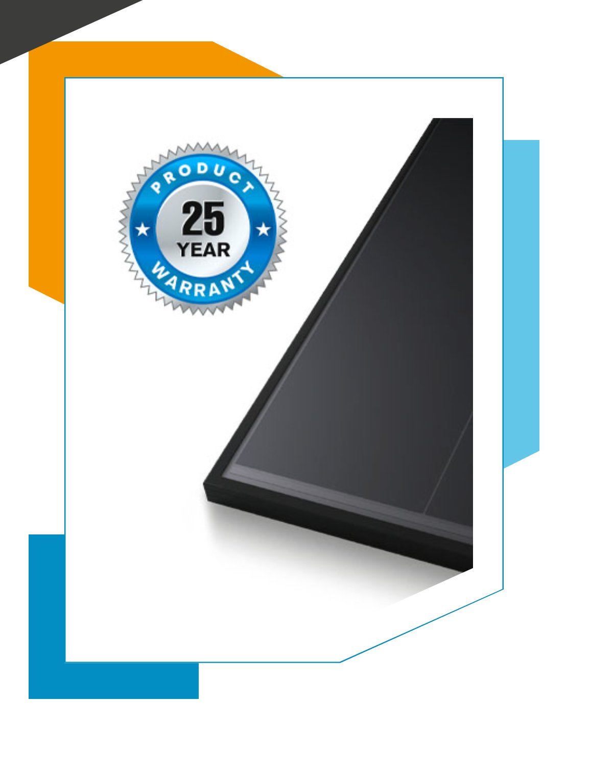 Black triangular product with 25-year warranty badge on white and blue framed packaging design